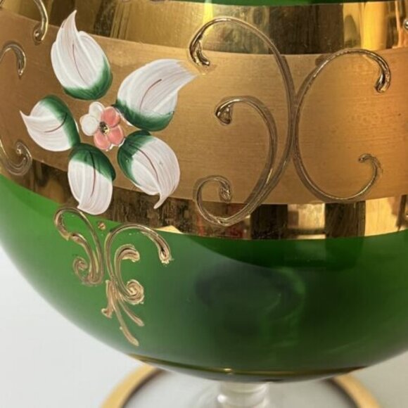 Vtg Empoli Green Glass Gilded Hand Painted Pedestal Vase Brandy Snifter MCM 11" - Picture 5 of 10